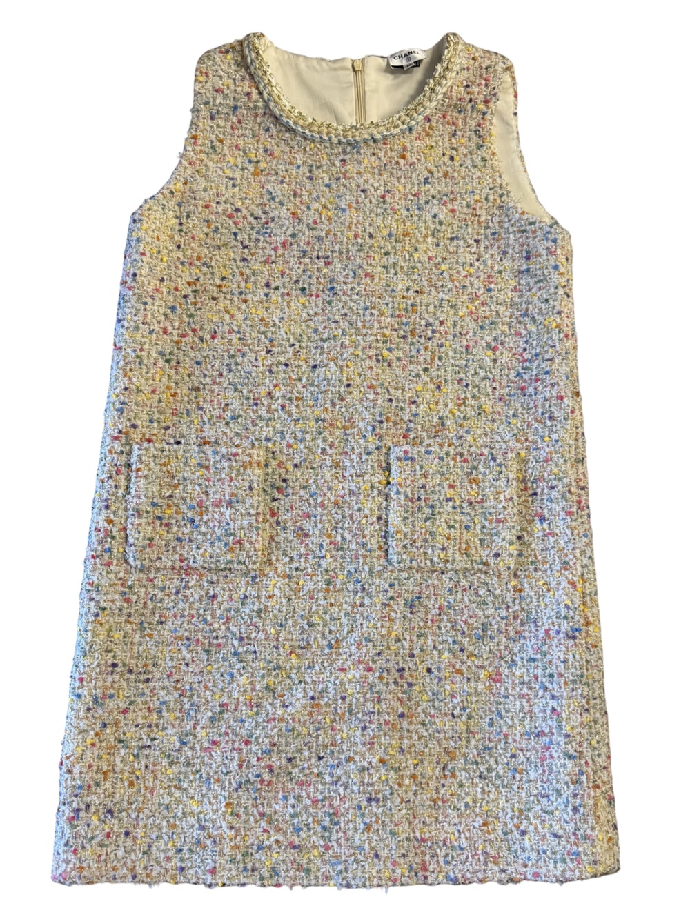 CHANEL Cream Multicolor Tweed Shift Mini Dress